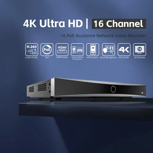 DS-7616NXI-I2/16P/S HIK 4K 16 PoE AcuSense NVR 16 Channel, HIK 4K PoE NVR Network Video Recorder with Human/Vehicle Detection, Facial Recognition, H.265+